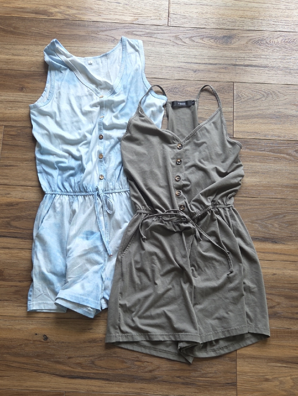 Sleeveless Button-Front Romper in Light Blue & Olive
